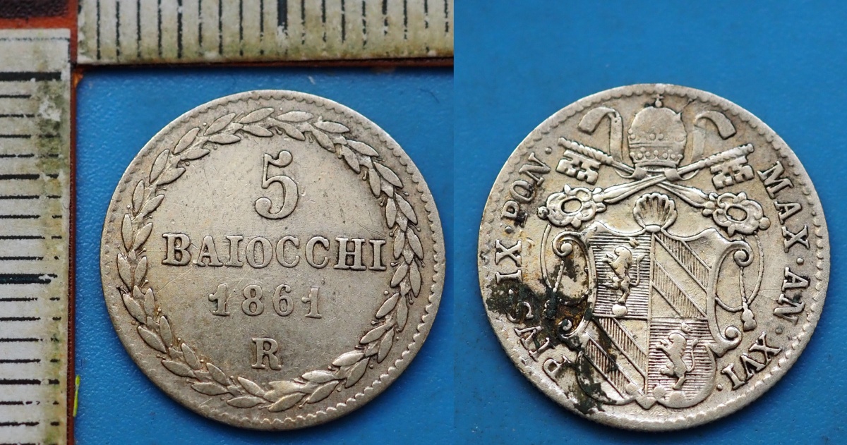 1861 R XVI - 5 baiocchi, stříbro - Pius IX., Vatikán