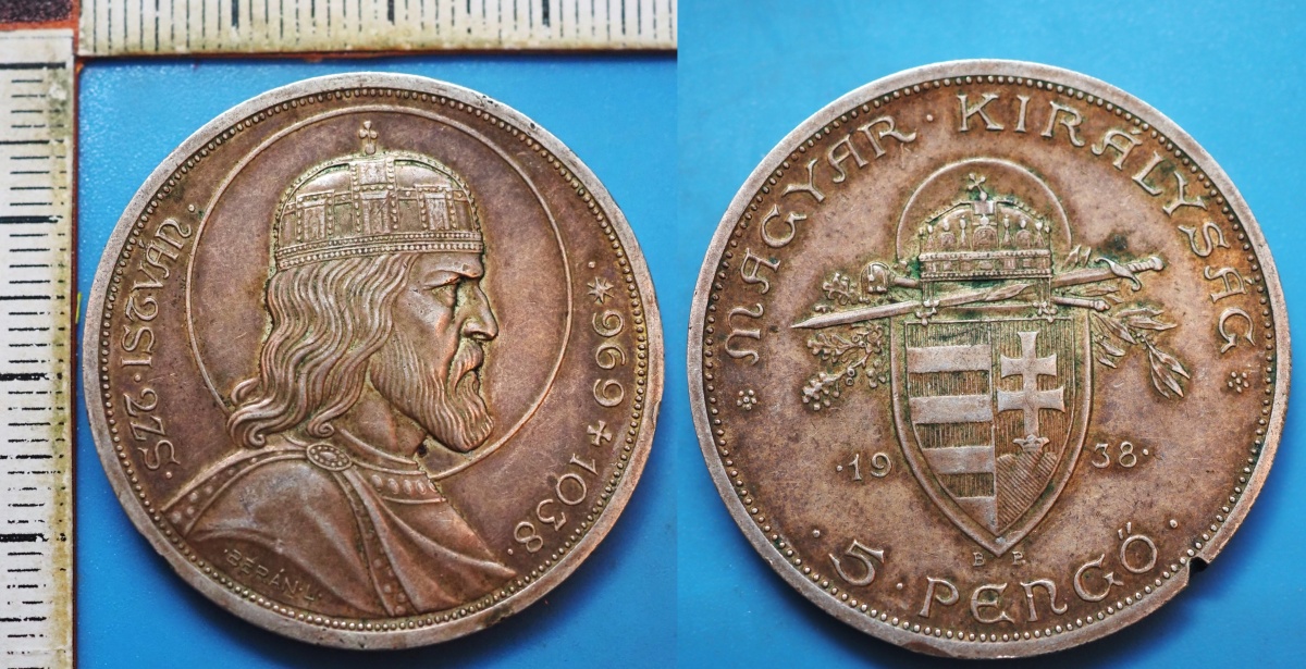 1938 - 5 pengo, stříbro - Maďarsko, Sv. Štěpán, hrana