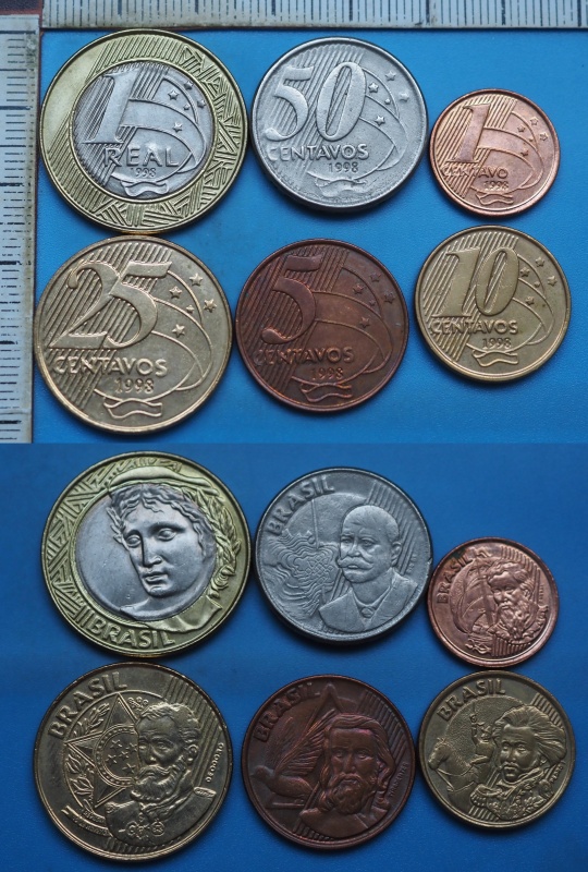 1998 - 1, 5, 10, 25, 50 centavos a 1 real - 6x Brazílie