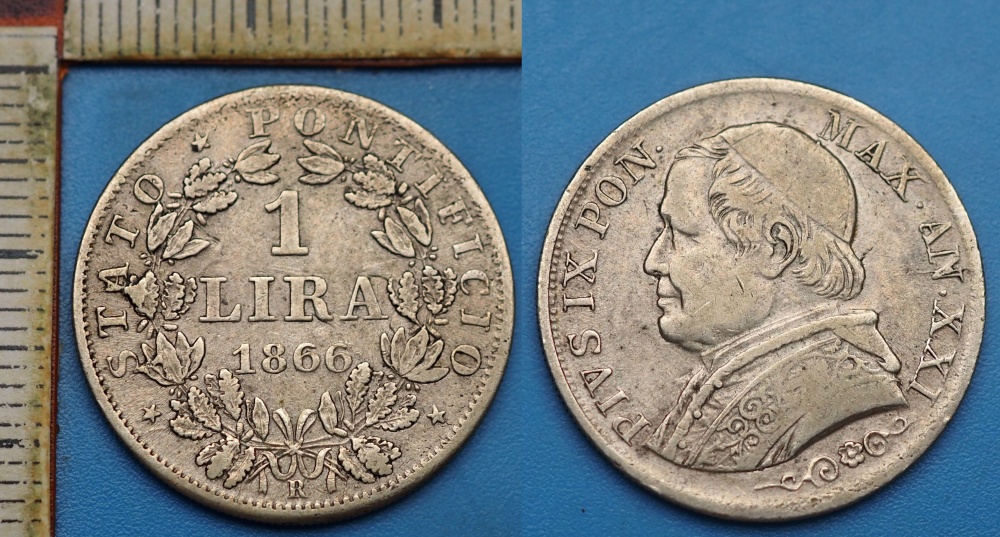 1866 R / XXI - 1 lira, stříbro - Pius IX., Vatikán
