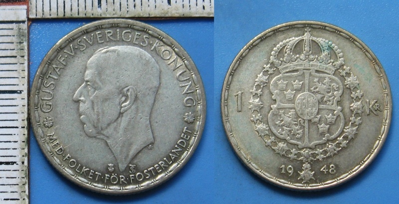 1948 TS - 1 krone, stříbro - Gustaf V., Švédsko