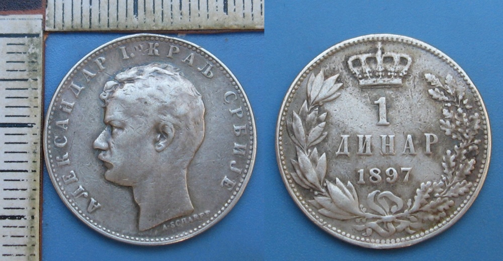 1897 - 1 dinar, stříbro - Aleksandr I., Srbsko