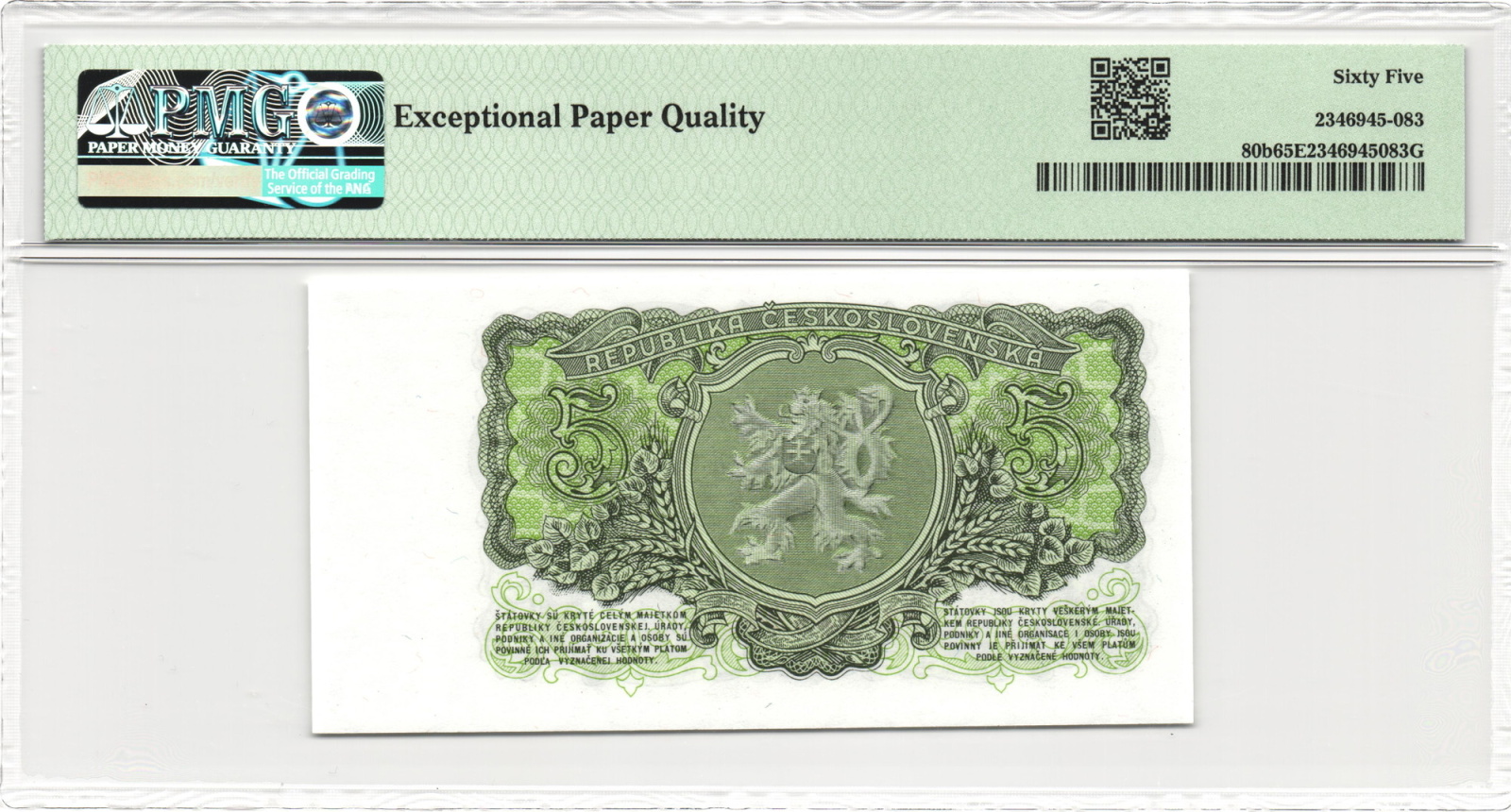 1953 - 5 korun, bankovka - NR 224282, certifikace PMG 65 EPQ Gem Uncirculated