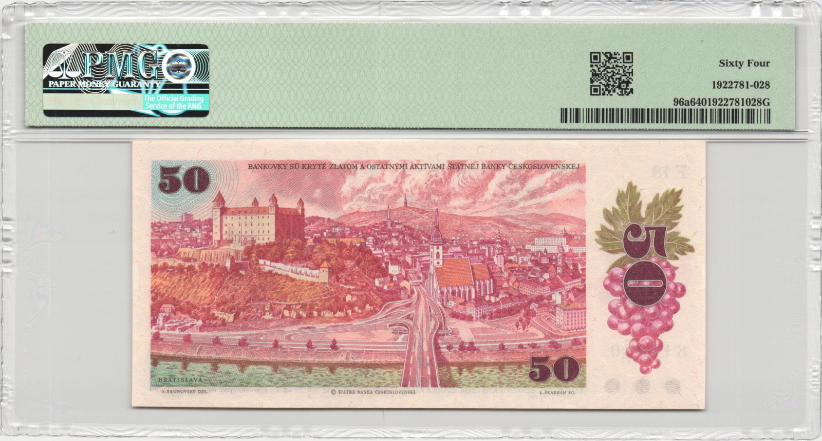 1987 - 50 korun, bankovka - F18 810380, certifikace PMG 64 EPQ Choice Uncirculated
