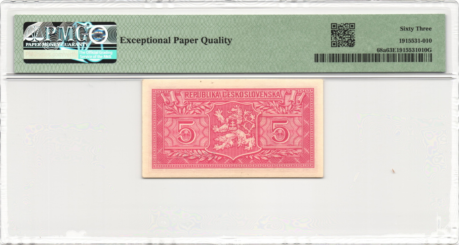 1949 - 5 korun, bankovka - A 81 220144, certifikace PMG 63 EPQ Choice Uncirculated
