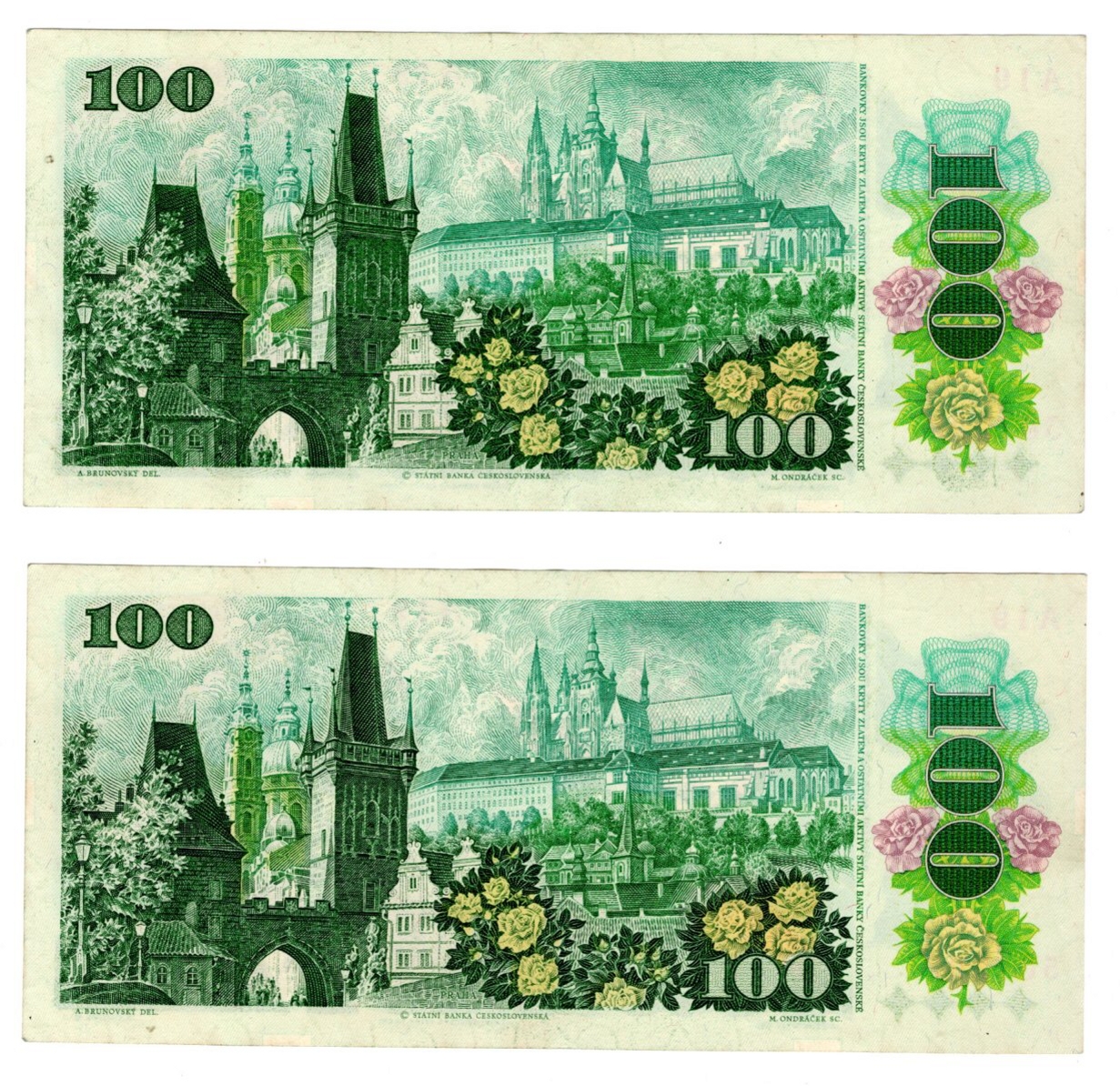 1989 - 100 Kčs, bankovky - po sobě jdoucí čísla A19 501297, A19501298, 2x Klement Gottwald, pěkný stav