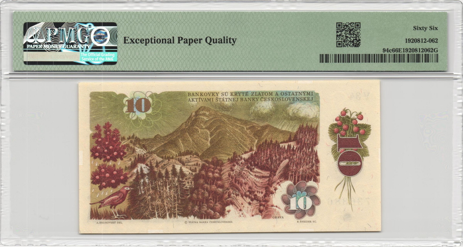 1986 - 10 korun, bankovka - V34 736386, certifikace PMG 66 EPQ Gem Uncirculated