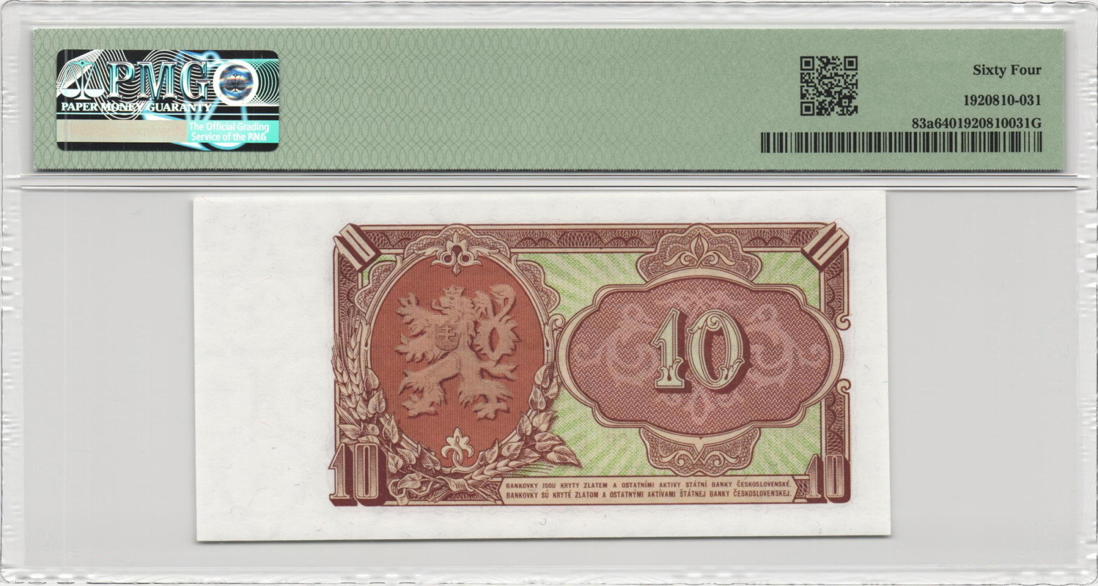 1953 - 10 korun, bankovka - CP 024201, certifikace PMG 64 EPQ Choice Uncirculated