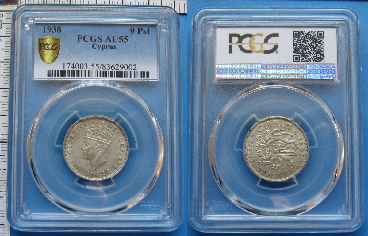 1938 - 5 piastres, stříbro - Britský Kypr, Jiří VI., kapsle PCGS AU55