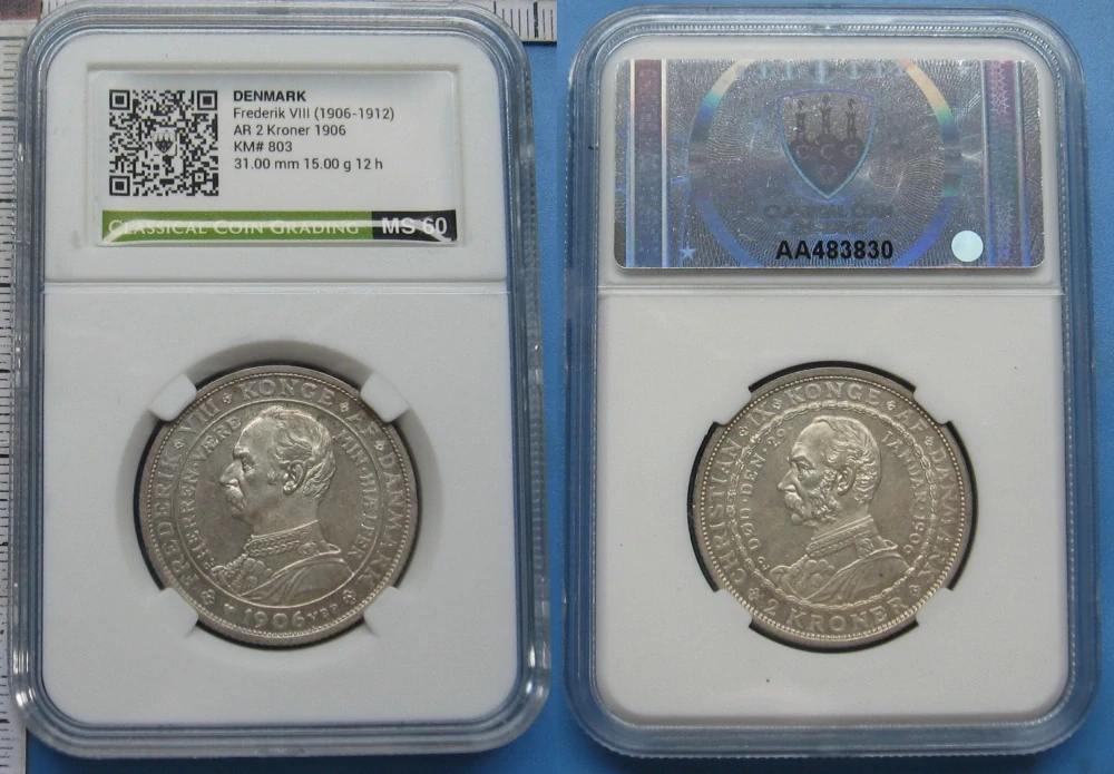 1906 - 2 kroner, stříbro - Dánsko, Christian IX., Frederik VIII., výroční, certifikace CCG AA483830 MS60