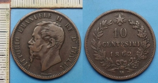 1862 M - 10 centesimi - Vittorio Emanuele II., Itálie