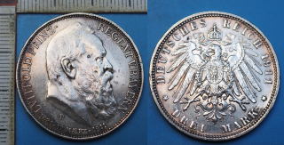 1911 D - 3 mark, stříbro - Luitpold, Bavorsko, výroční, krásná