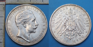 1911 A - 3 mark, stříbro - Wilhelm II., Prusko, krásná