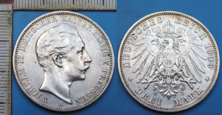 1909 A - 3 mark, stříbro - Wilhelm II., Prusko, krásná