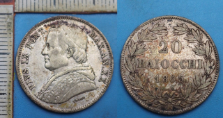 1865 R / XX - 20 baiocchi, stříbro - Pius IX., Vatikán