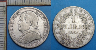 1866 R / XXI - 1 lira, stříbro - Pius IX., Vatikán