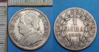 1868 R / XXIII - 1 lira, stříbro - Pius IX., Vatikán
