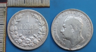 1891 - 1 lev, stříbro - Ferdinand I., Bulharsko