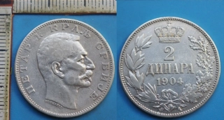 1904 - 2 dinara, stříbro - Srbsko, Petar I.