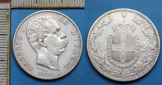 1886 R - 2 liry, stříbro - Umberto I., Itálie