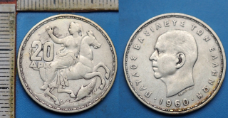 1960 - 20 drachem, stříbro - Pavel I., Řecko