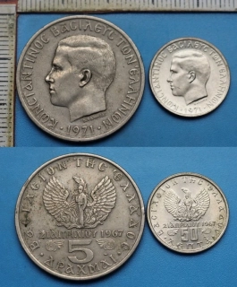 1967 - 50 lepta a 5 drachem - 2x Konstantin, Řecko