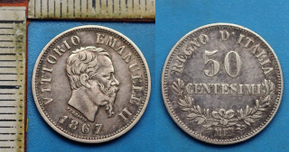 1867 MBN - 50 centesimi, stříbro - Vittorio Emanuele II., Itálie