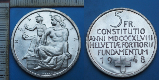 1948 - 5 francs, stříbro - Švýcarsko, výroční