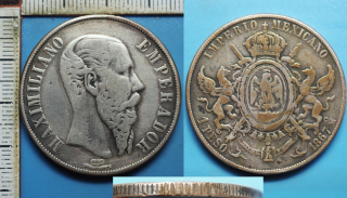 1867 OM - 1 peso, stříbro - Maxmilián Habsburský, Mexiko, m.o.