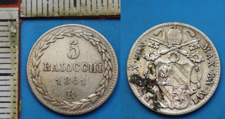 1861 R XVI - 5 baiocchi, stříbro - Pius IX., Vatikán