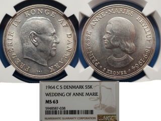 1964 - 5 kroner, stříbro - Dánsko, Prinsesse Anne-Maries Bryllup 18.9.1964, certifikace NGC MS63 5948587-038