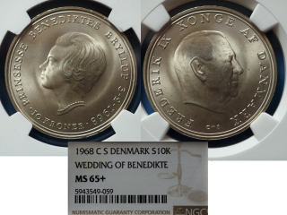 1968 - 10 kroner, stříbro - Dánsko, Prinsesse Benediktes Bryllup 3.2.1968, certifikace NGC MS65+ 5943549-059