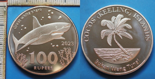 2023 - 100 rupees, PROOF - Kokosové ostrovy, Great white shark, fantasy coin