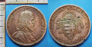 1938 - 5 pengo, stříbro - Maďarsko, Sv. Štěpán, hrana