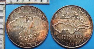 1938 - medaile, stříbro - X. všesokolský slet v Praze, M.Kužel, 20.let republiky Československa