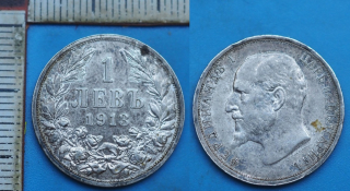 1913 - 1 lev, stříbro - Ferdinand I., Bulharsko