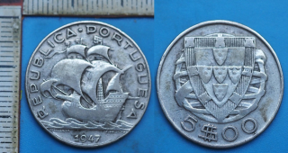 1947 - 5 escudos, stříbro - Portugalsko