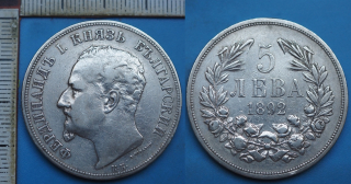 1892 - 5 leva, stříbro - Ferdinand I., Bulharsko