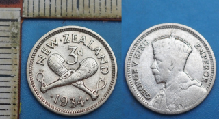 1934 - 3 pence, stříbro - Nový Zéland, Jiří V.