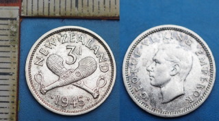 1945 - 3 pence, stříbro - Nový Zéland, Jiří VI.