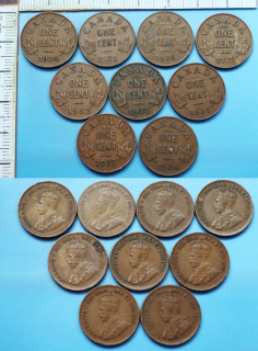 1920,1,8,9, 32,3,4,5,6 - 1 cent - 9x Kanada, Jiří V.