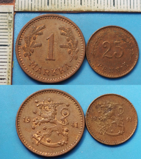 1941 S - 25 pennia, 1 markka - 2x Finsko