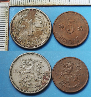 1928 S - 5 pennia, 1 markka - 2x Finsko