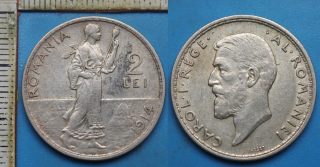 1914 - 2 lei, stříbro - Carol I., Rumunsko
