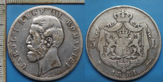 1881 B - 5 lei, stříbro - Carol I., Rumunsko