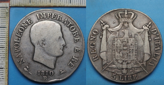 1810 B - 5 lire, stříbro - Itálie pod Francií, Napoleon Bonaparte, hrana