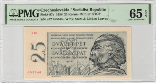 1958 - 25 Kčs, bankovka - S 22 655346, certifikace PMG 65 EPQ Gem Uncirculated