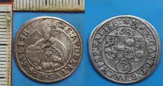 1681 - 3 krejcar, stříbro - Salcburk, arcibiskupství, Max Gandolph, krásný