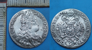 1731 - 3 krejcar, stříbro - Karel VI., Hall, krásný