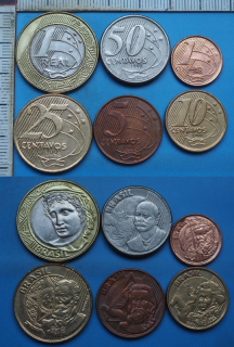 1998 - 1, 5, 10, 25, 50 centavos a 1 real - 6x Brazílie